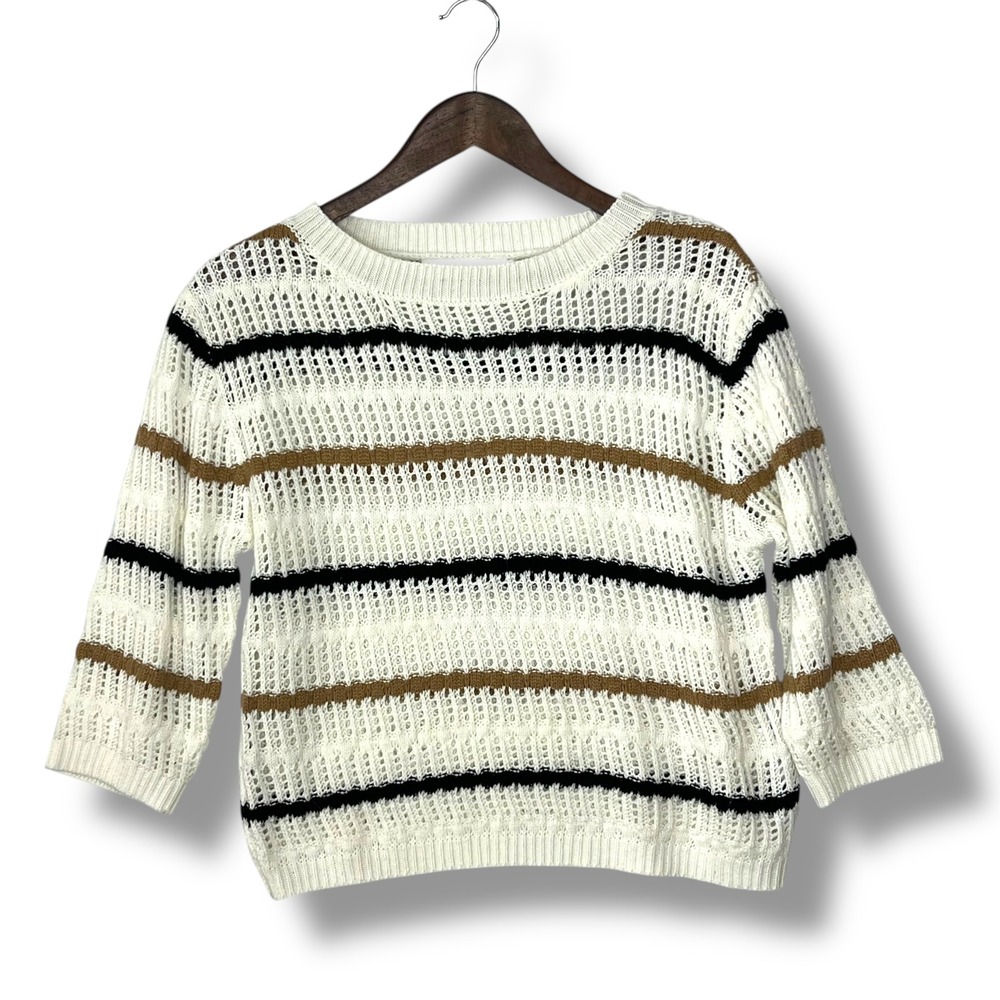 Baltic Born XS Cream Brown Striped Crochet Knit Cropped Sweater Boho Neutral